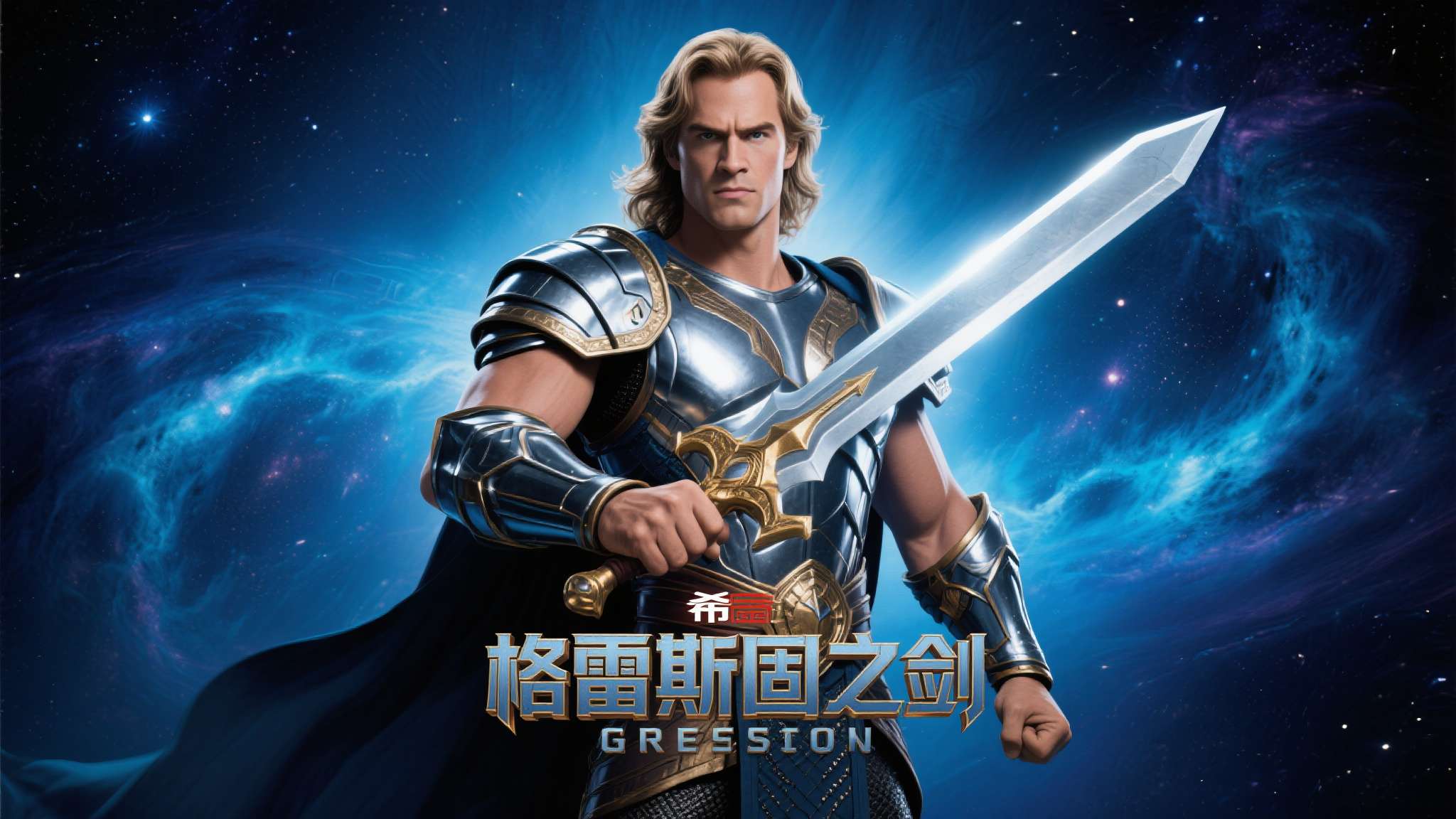 此次发布的全新海报以深邃的宇宙星云为背景，主角希曼手持传奇神剑"格雷斯固之剑"，